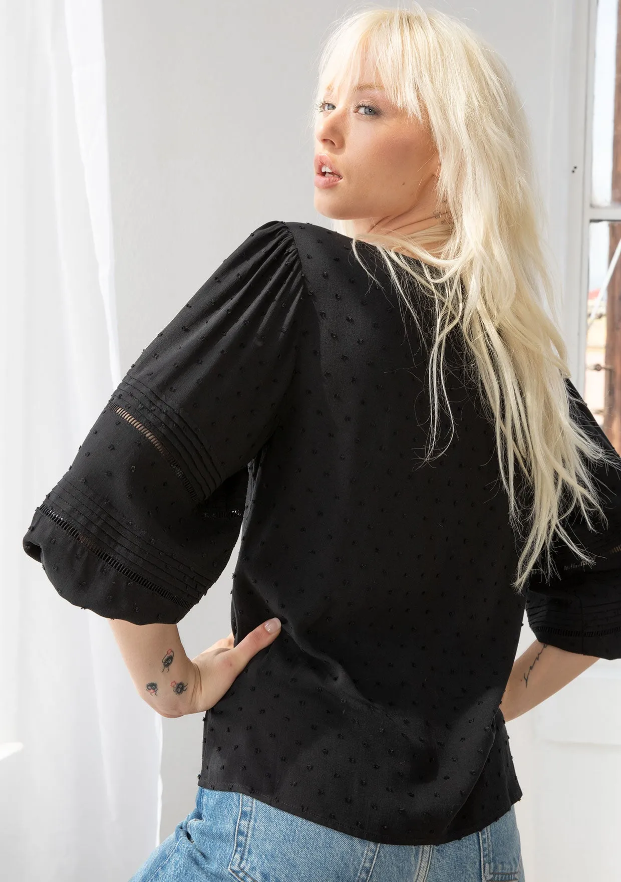 Bohemian Clip Dot Button Front 3/4 Sleeve Blouse