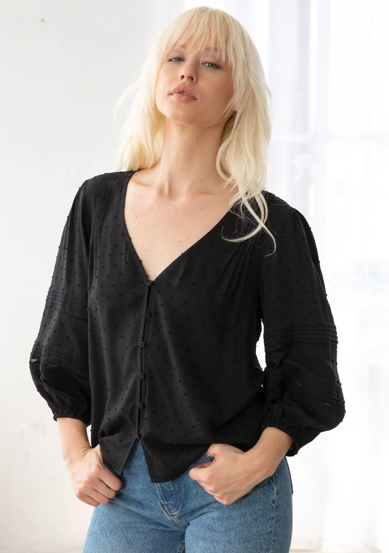 Bohemian Clip Dot Button Front 3/4 Sleeve Blouse