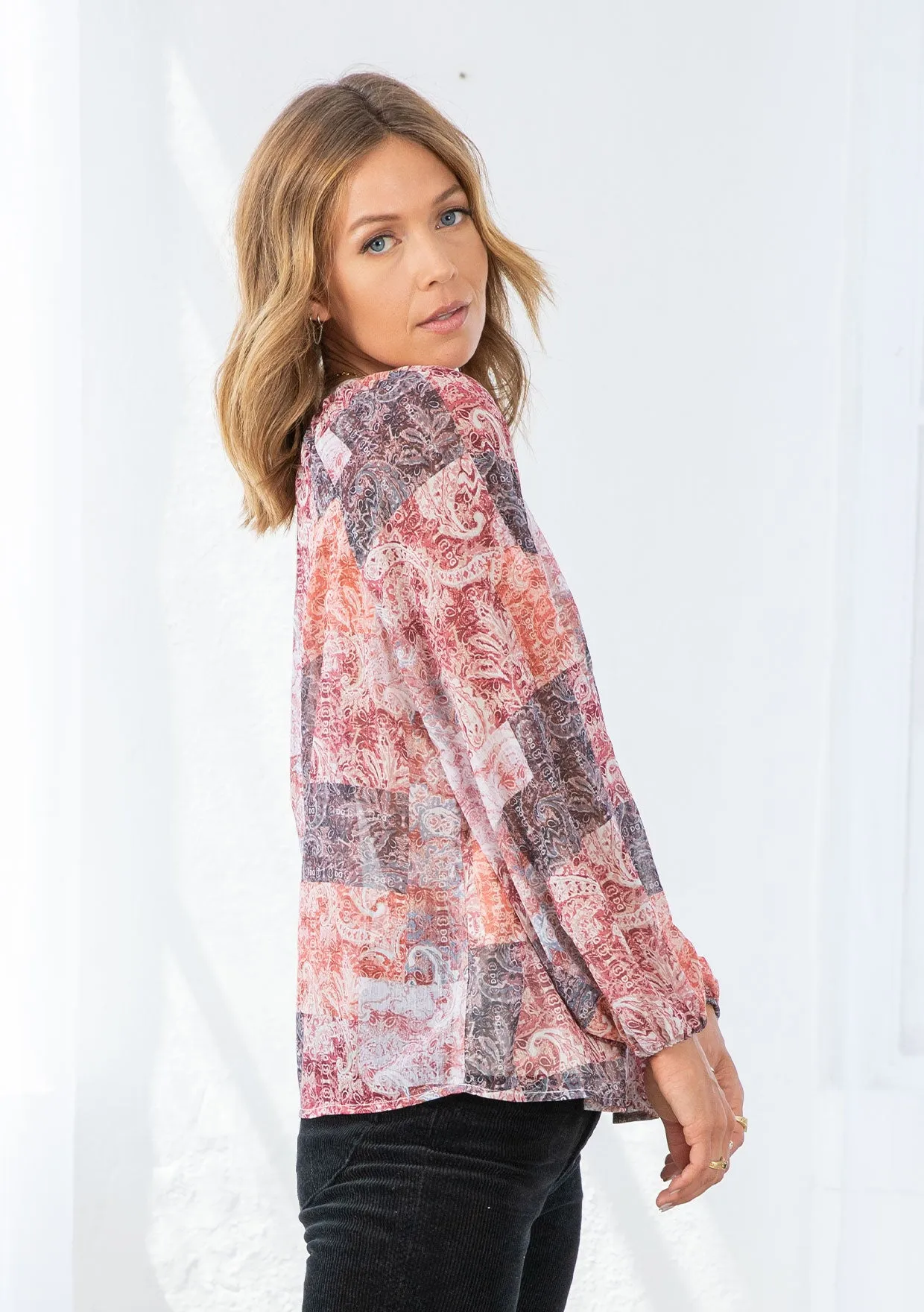Bohemian Patchwork Print Button Front Blouse