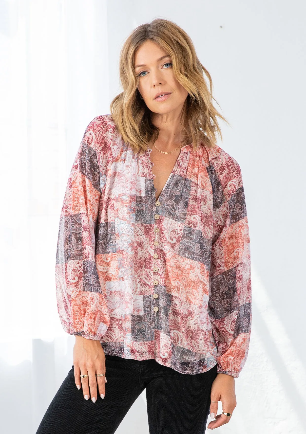 Bohemian Patchwork Print Button Front Blouse