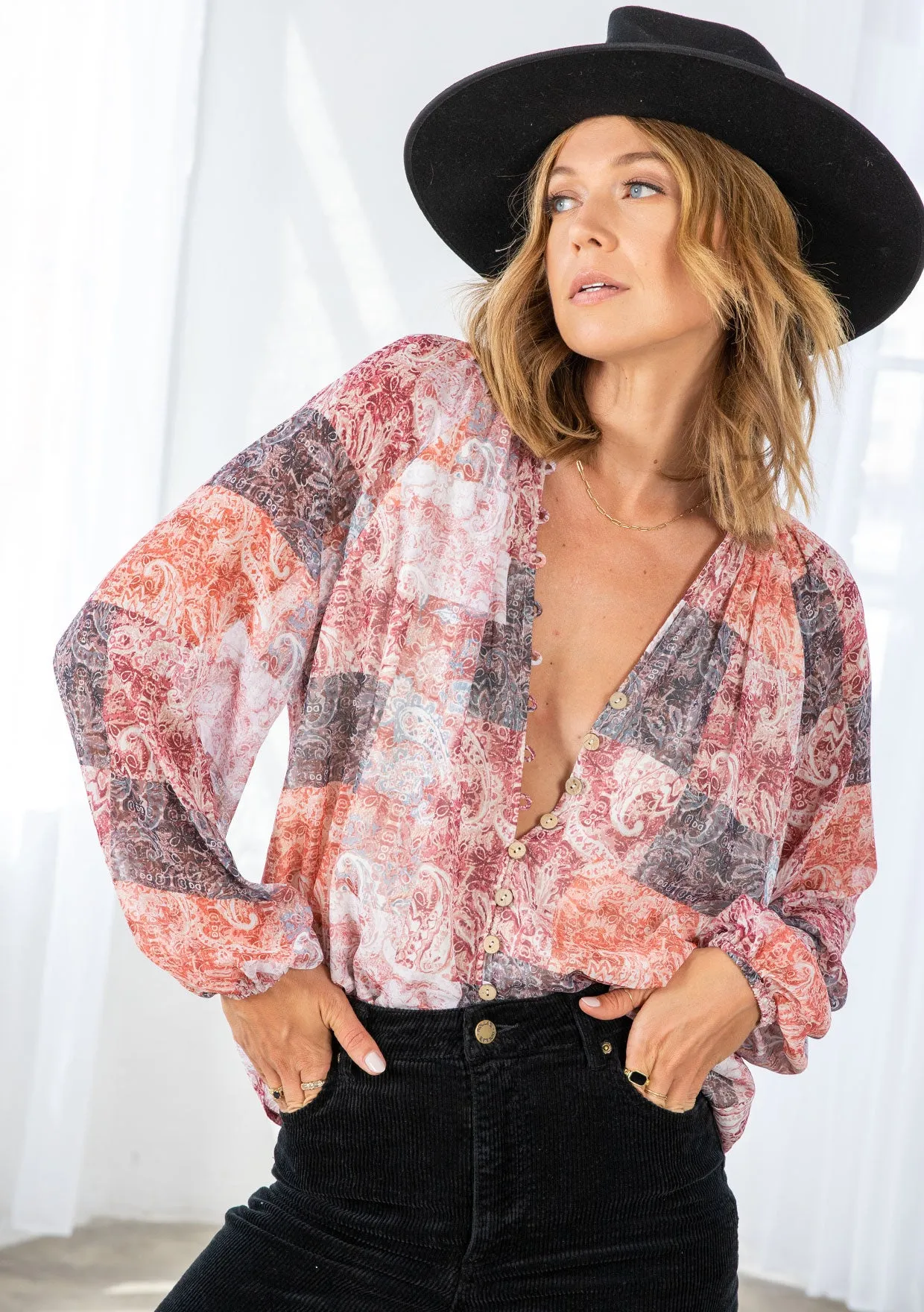 Bohemian Patchwork Print Button Front Blouse