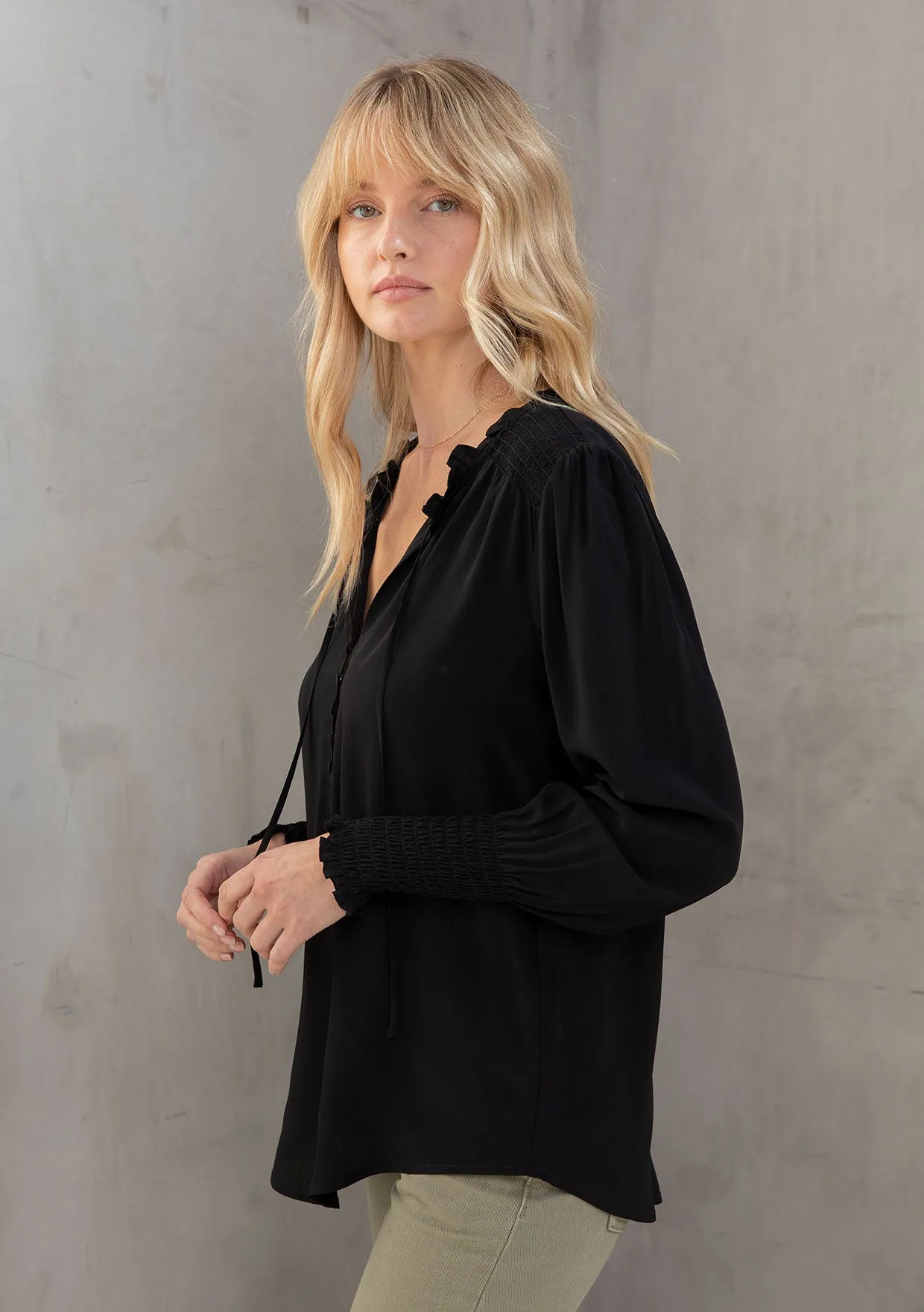 Bohemian Silky Crepe Smocked Long Sleeve Blouse