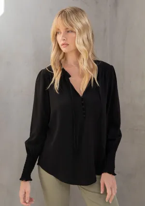 Bohemian Silky Crepe Smocked Long Sleeve Blouse