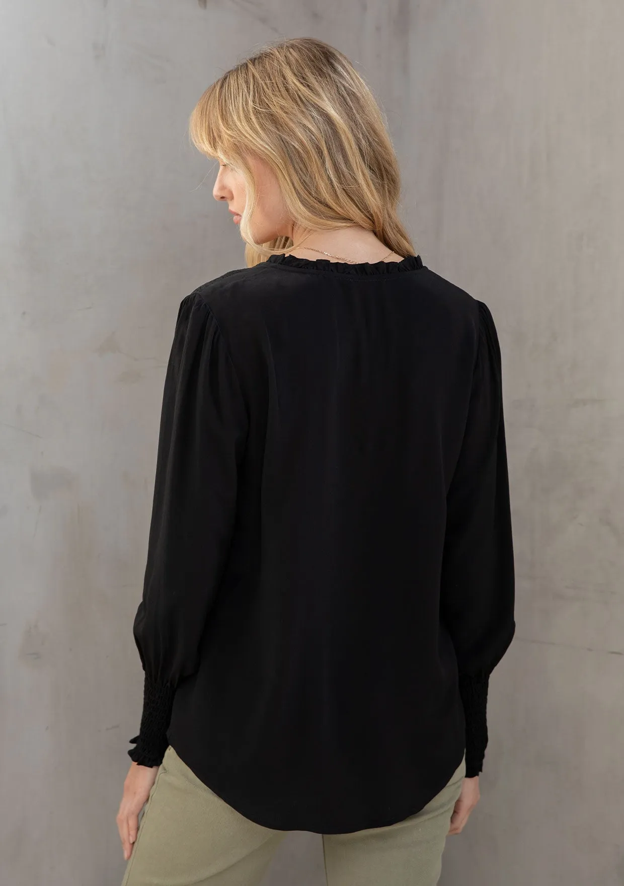 Bohemian Silky Crepe Smocked Long Sleeve Blouse