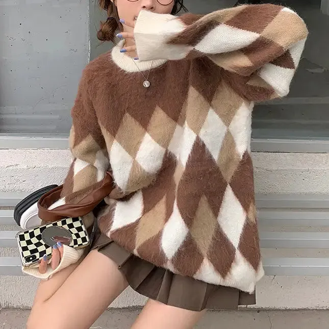 Brown Fuzzy Argyle Sweater with Ribbed Knit Trim