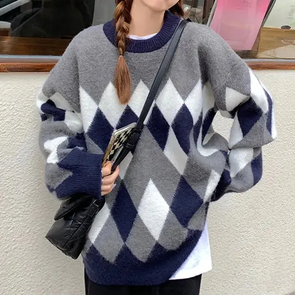 Brown Fuzzy Argyle Sweater with Ribbed Knit Trim