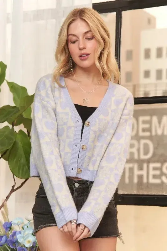 Button-Down Crop Sweater Cardigan – Trendy Oatmeal/Lilac Layering Essential