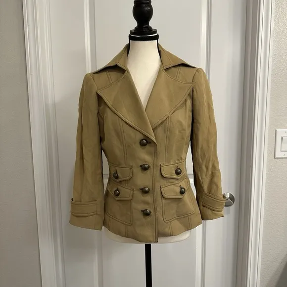 Cache Linen Silk Blend Safari Military Trench Cropped Jacket Vintage