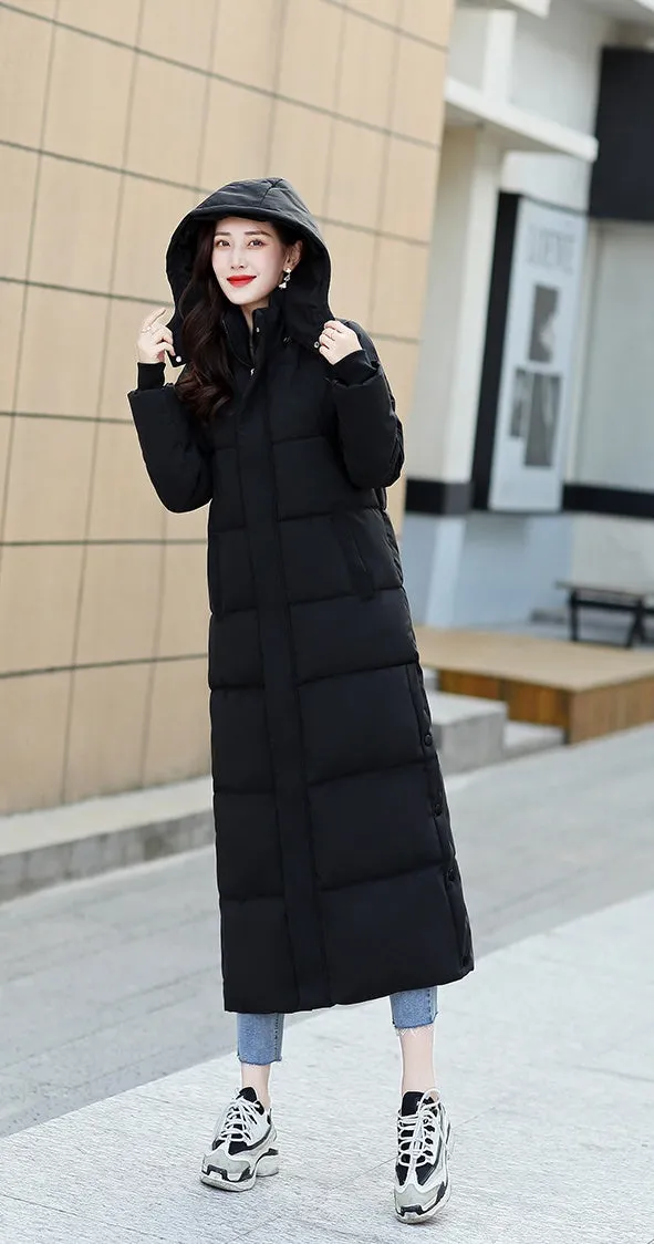 Calf-length Quilted Solid Puffer Jacket for Women