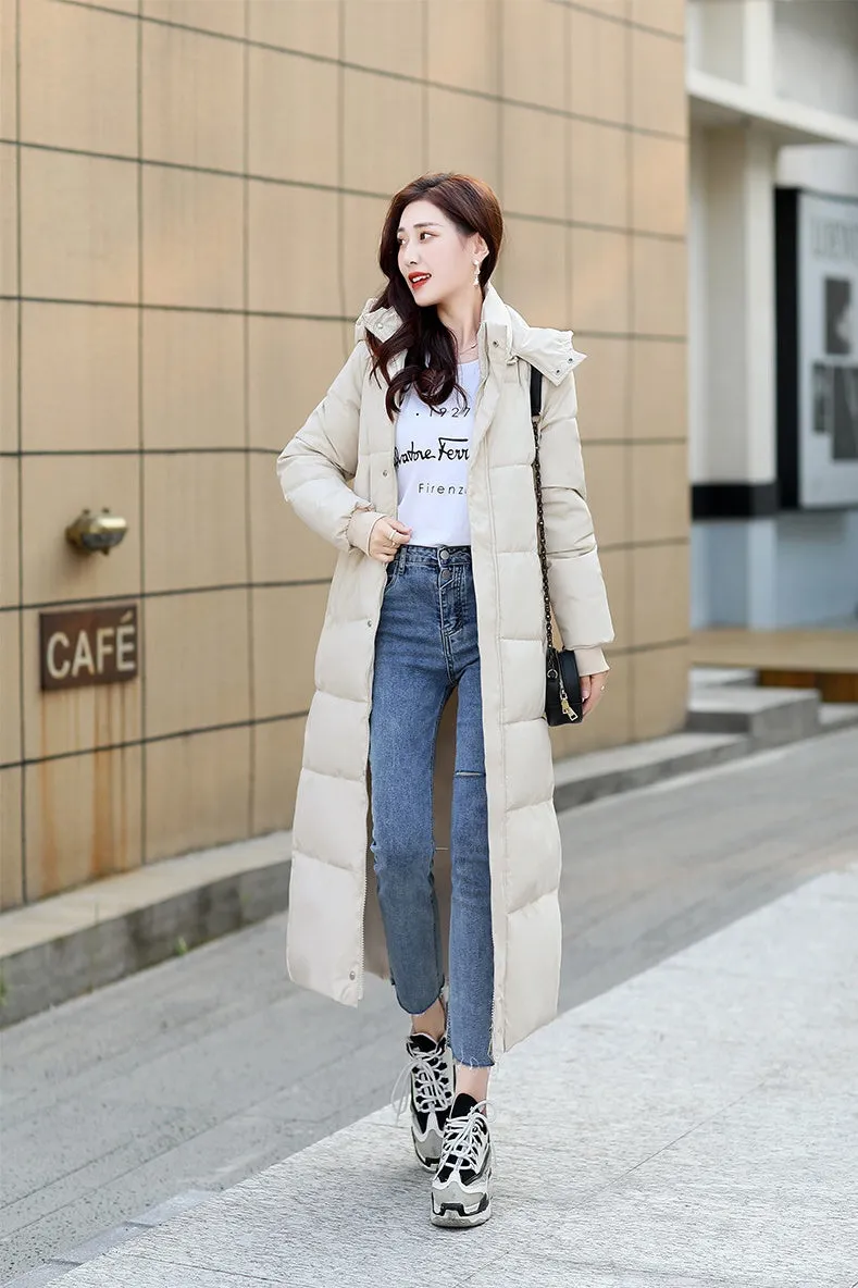 Calf-length Quilted Solid Puffer Jacket for Women