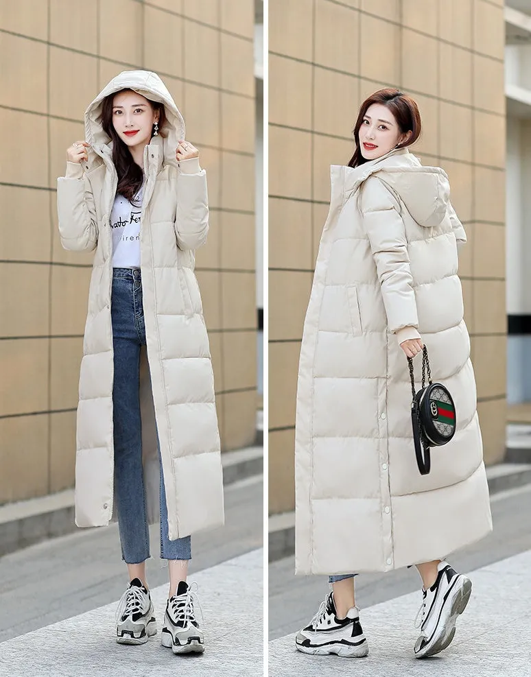 Calf-length Quilted Solid Puffer Jacket for Women