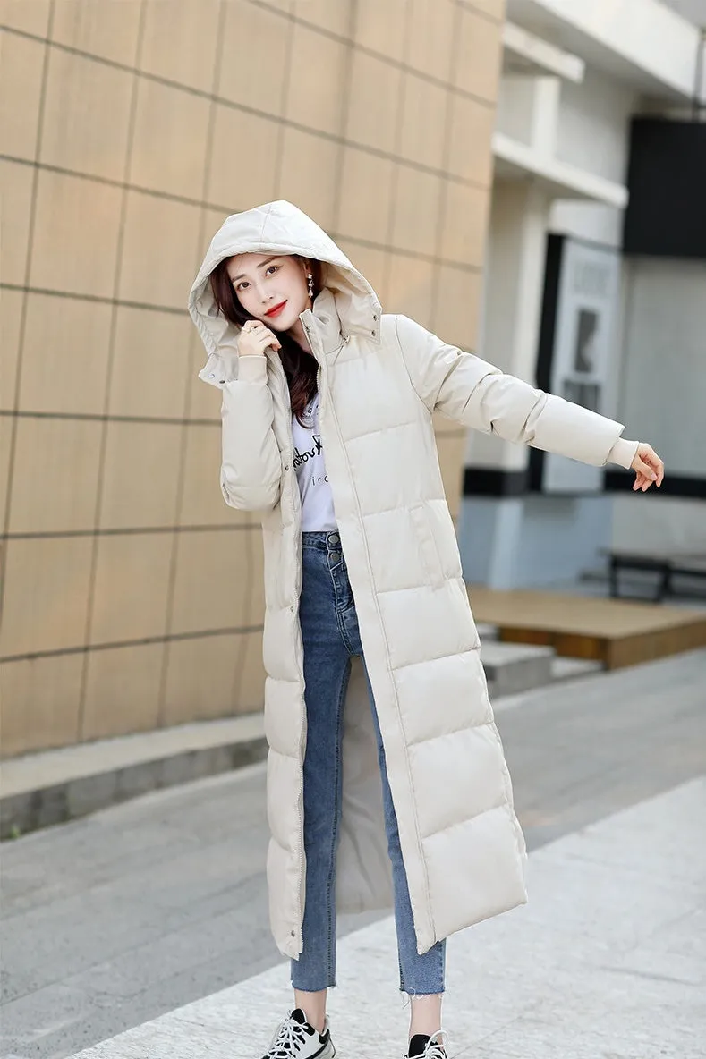 Calf-length Quilted Solid Puffer Jacket for Women