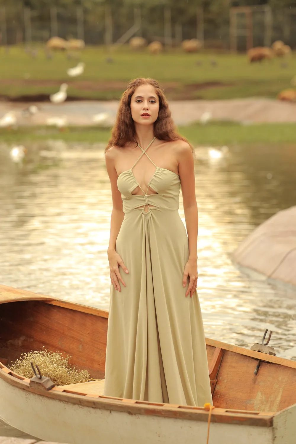 CAPUCINE Tie Front Multiway Halter Stretch Maxi Dress (Light Sage Green)