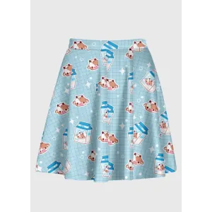 Cartoon Cow Milk Kawaii Skirt with Elastic Waistband in Pastel Blue