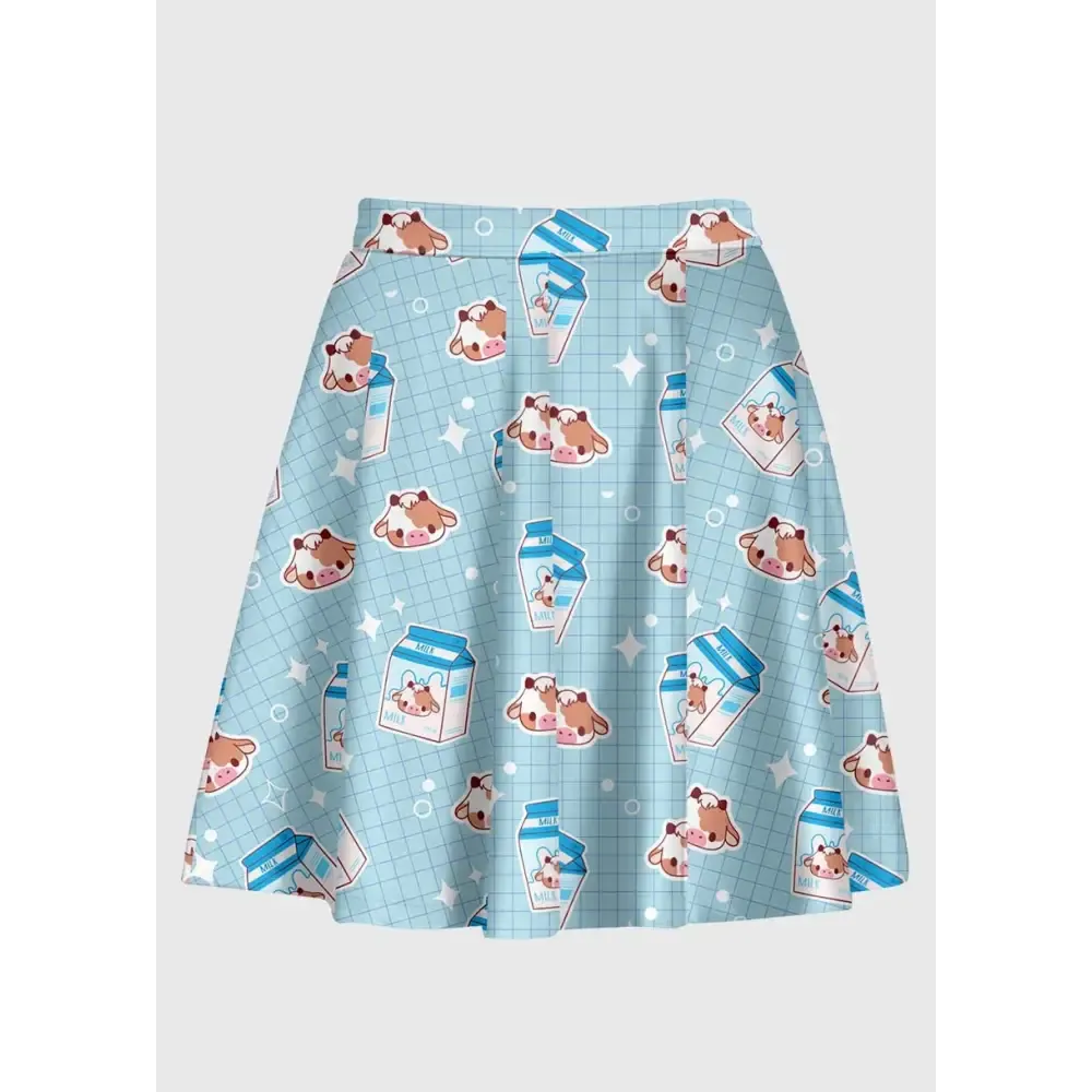 Cartoon Cow Milk Kawaii Skirt with Elastic Waistband in Pastel Blue