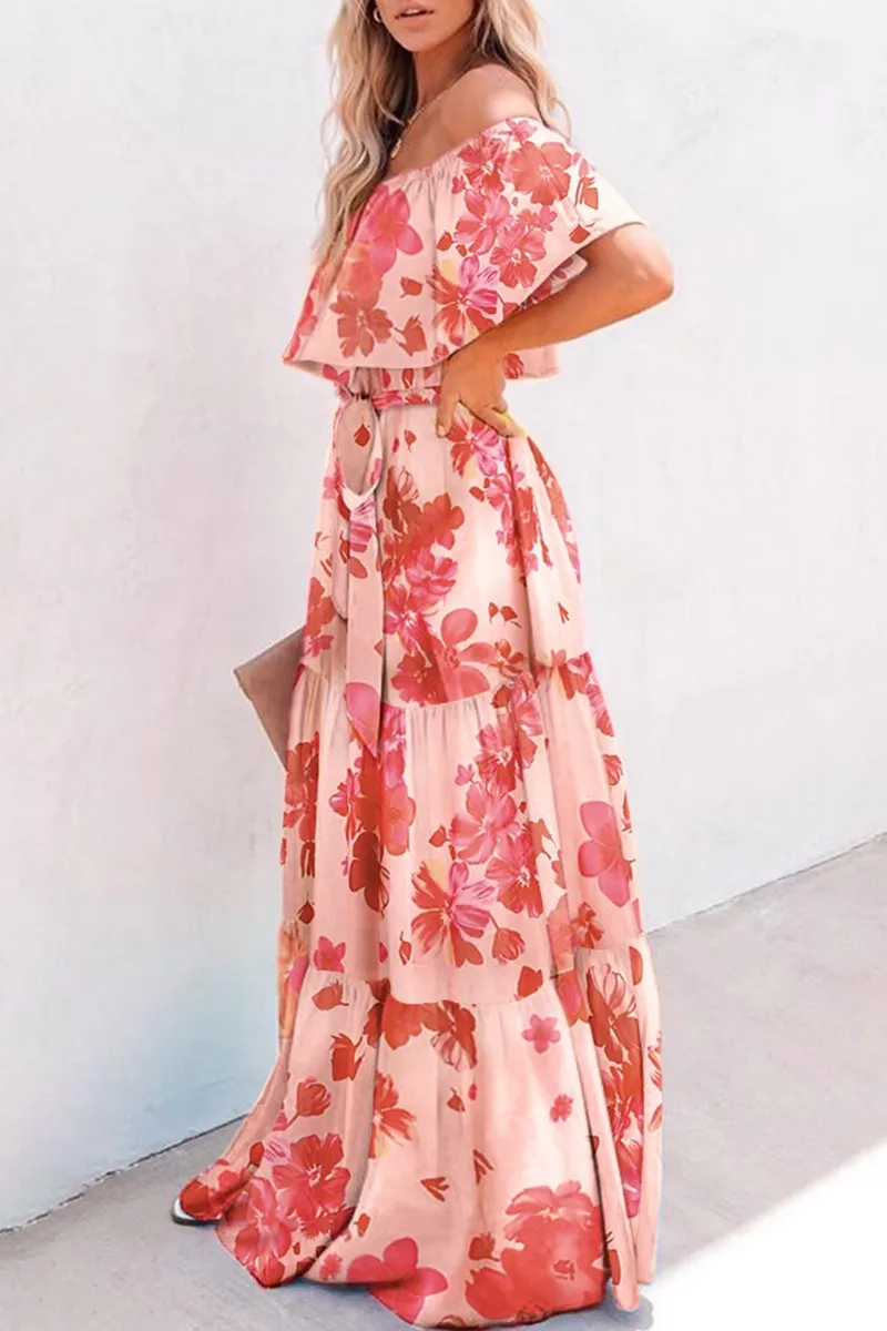 Casual Gradual Change Flounce Off the Shoulder Cake Skirt Dresses