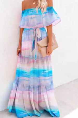 Casual Gradual Change Flounce Off the Shoulder Cake Skirt Dresses