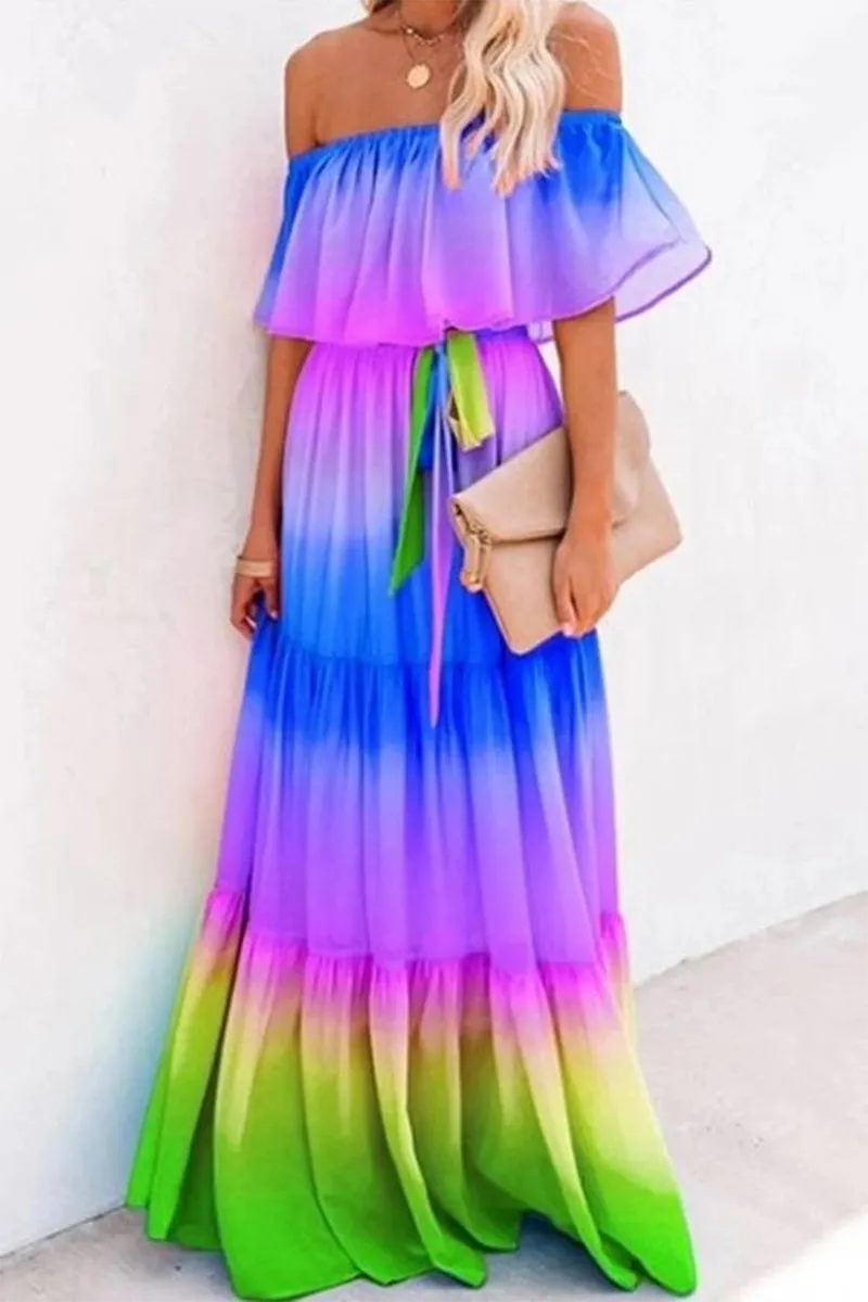 Casual Gradual Change Flounce Off the Shoulder Cake Skirt Dresses