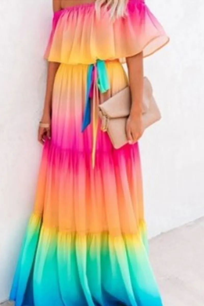 Casual Gradual Change Flounce Off the Shoulder Cake Skirt Dresses