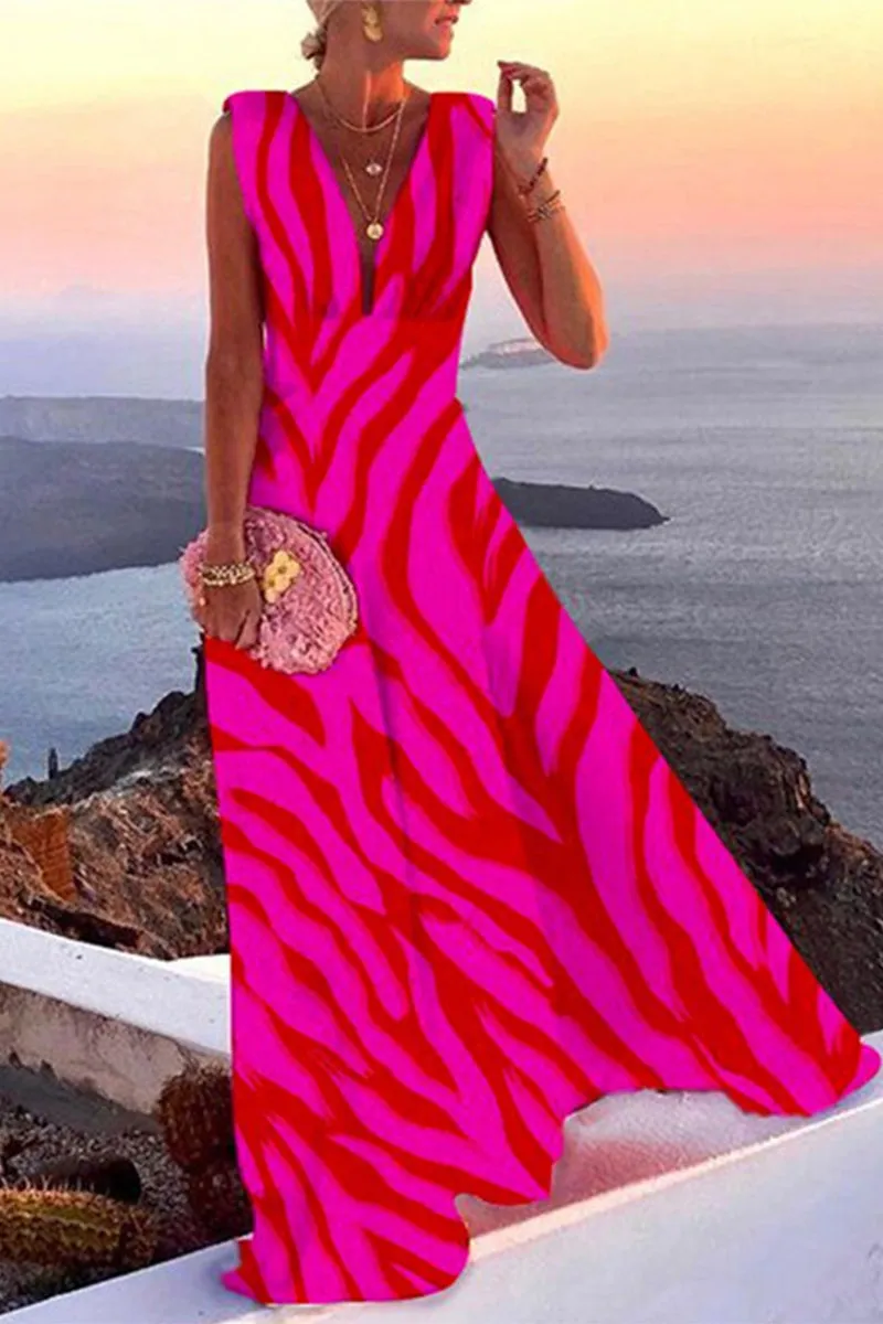 Casual Print Patchwork V Neck Cake Skirt Dresses