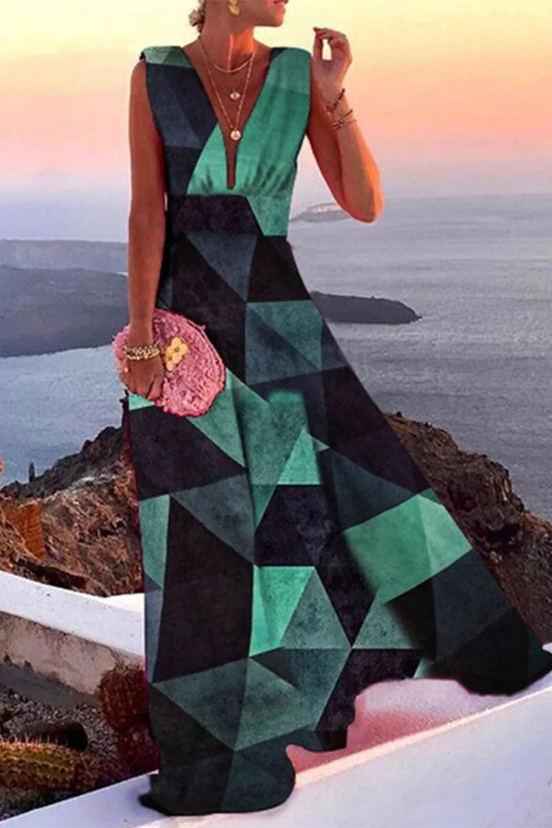 Casual Print Patchwork V Neck Cake Skirt Dresses