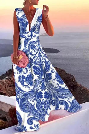 Casual Print Patchwork V Neck Cake Skirt Dresses