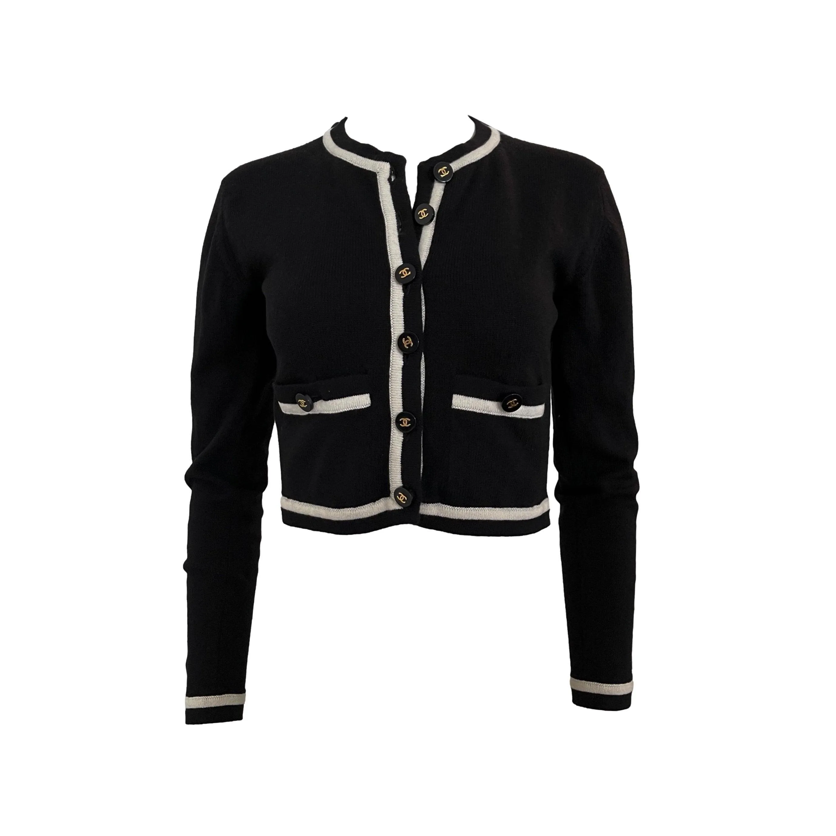 Chanel Black Logo Button Cropped Cardigan