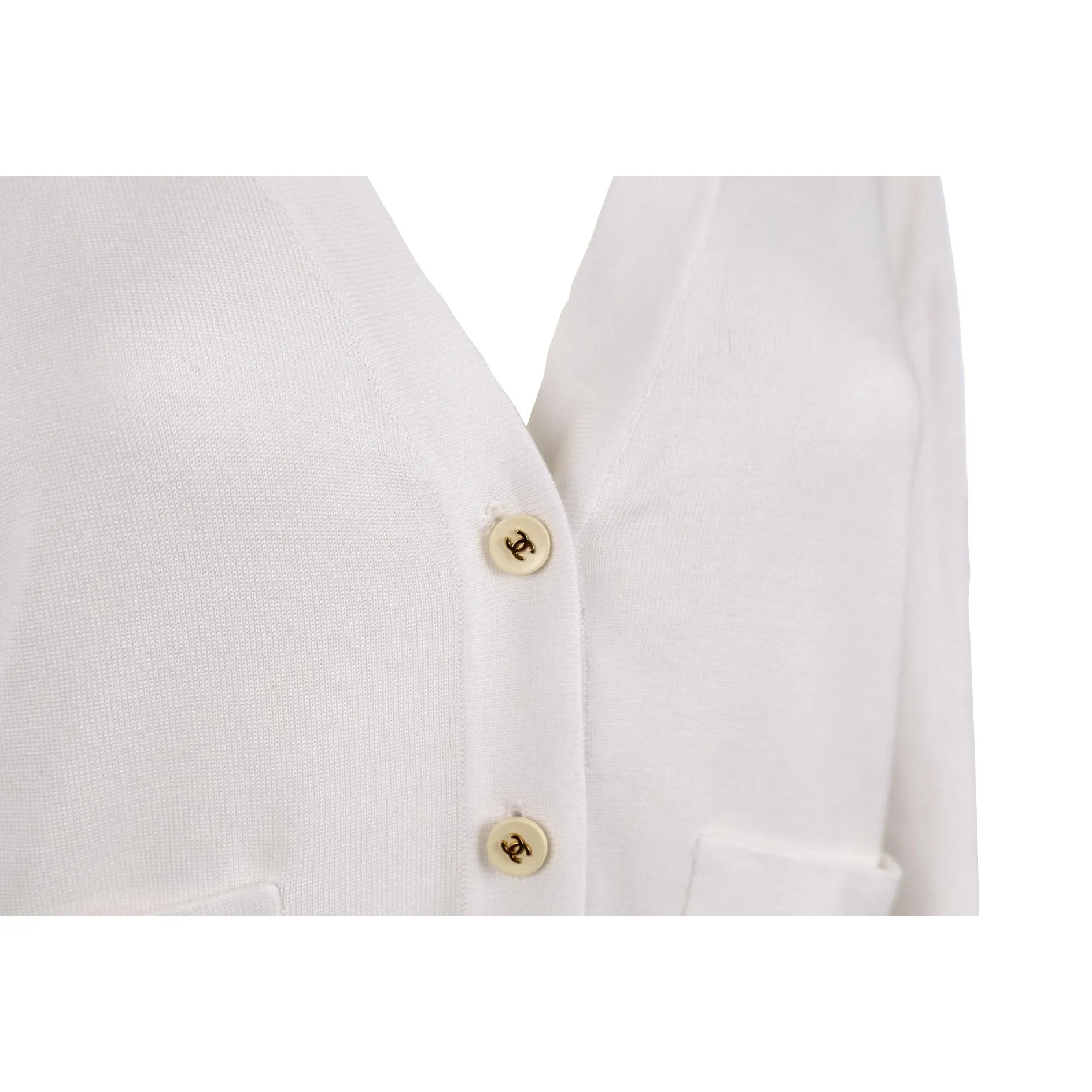 Chanel White Logo Button Cropped Cardigan