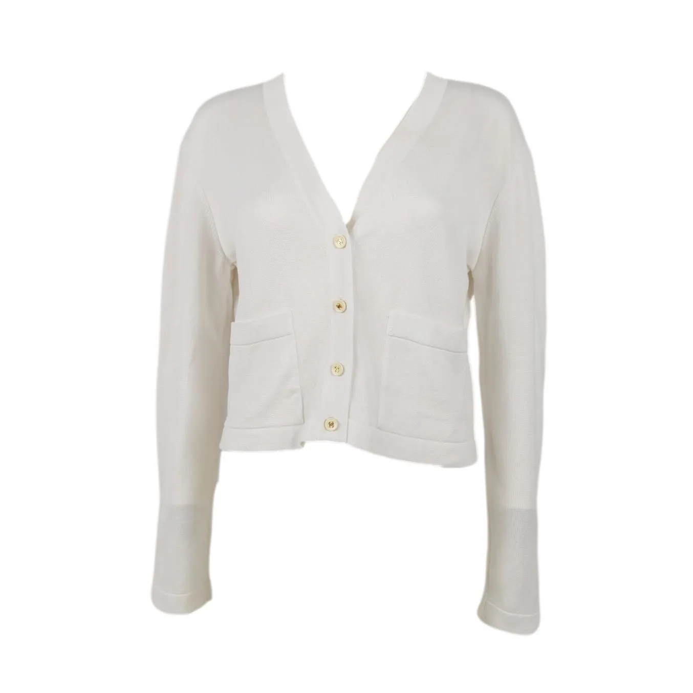 Chanel White Logo Button Cropped Cardigan
