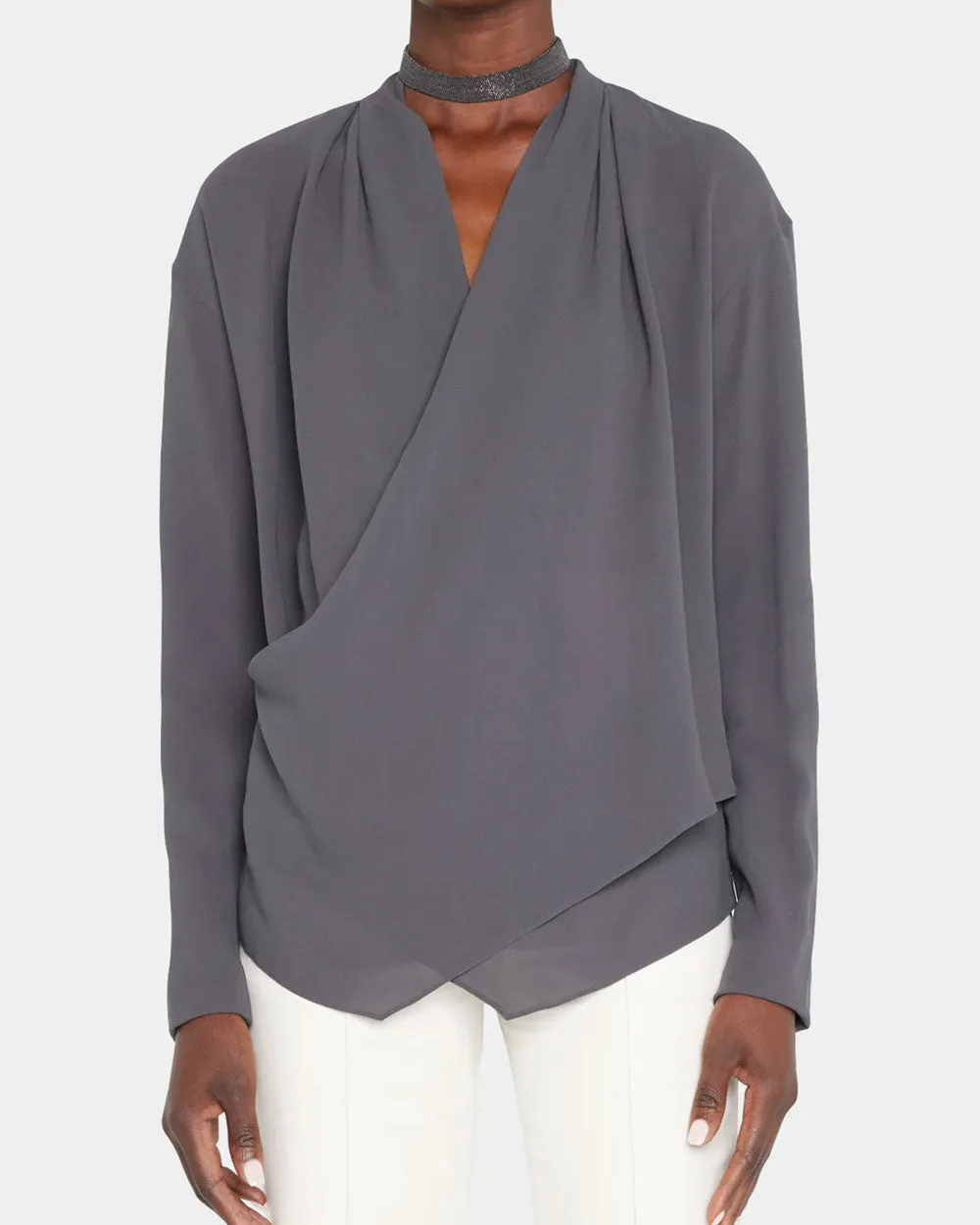 Charcoal Monili Neck Silk Crepe Blouse