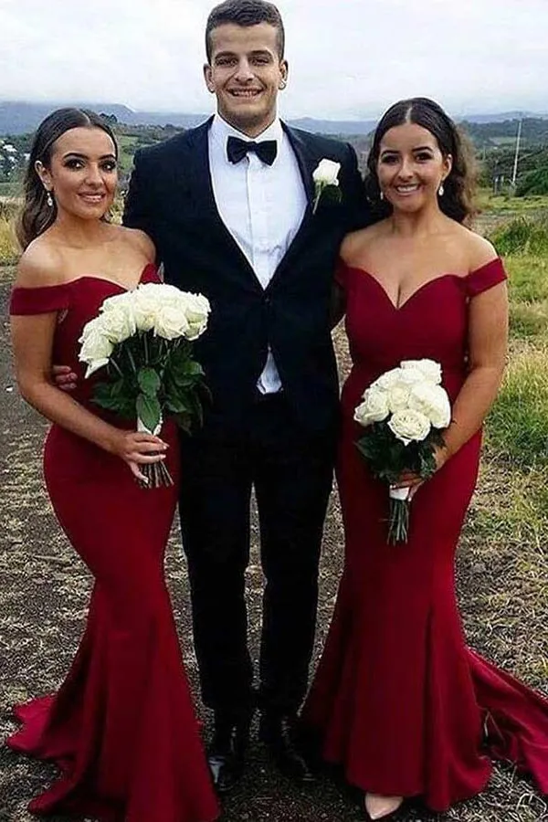 Cheap Dark Red Off The Shoulder Mermaid Bridesmaid Dresses Online,MBD121