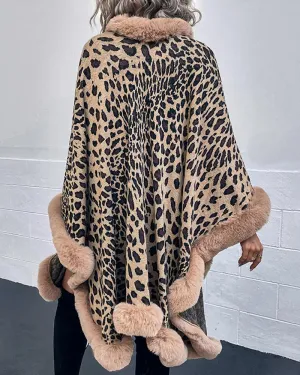 Cheetah Print Fuzzy Trim Knit Poncho Cardigan