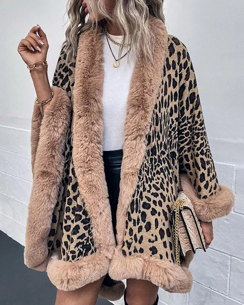 Cheetah Print Fuzzy Trim Knit Poncho Cardigan