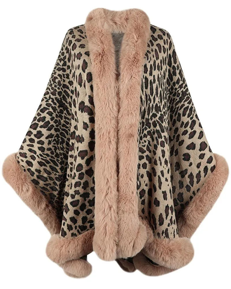 Cheetah Print Fuzzy Trim Knit Poncho Cardigan