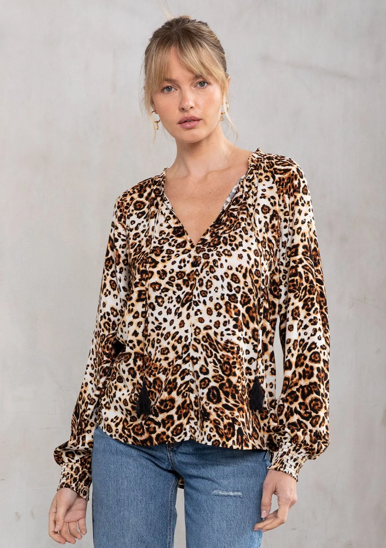 Chic Leopard Print Long Sleeve Peasant Top