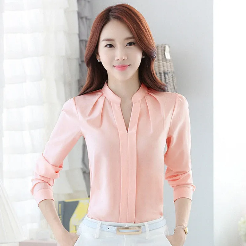 Chiffon blouses Women shirt Fashion Casual Long-sleeved chiffon shirt Elegant Slim Solid color plus size