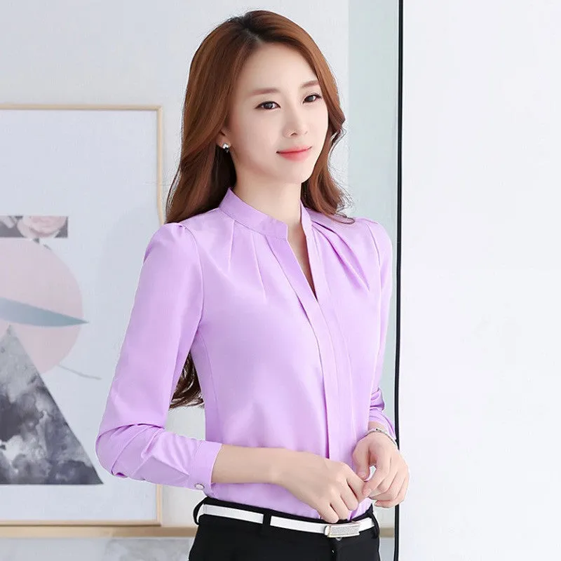 Chiffon blouses Women shirt Fashion Casual Long-sleeved chiffon shirt Elegant Slim Solid color plus size