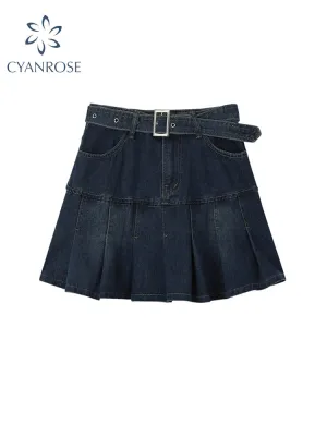 christmas outfit JazzHer Y2k High Waist Denim Mini Pleated Skirts With Belt Women 2025 Summer Fashion Retro A Line Skirt Korean Ins Female Casual Skirts