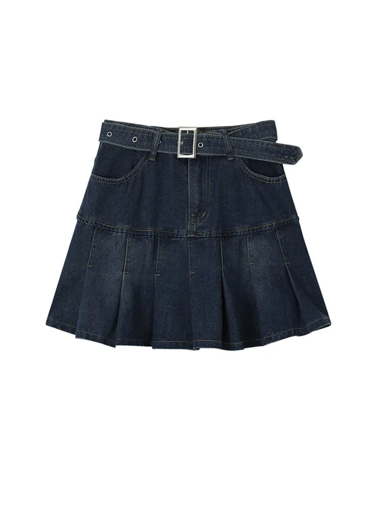 christmas outfit JazzHer Y2k High Waist Denim Mini Pleated Skirts With Belt Women 2025 Summer Fashion Retro A Line Skirt Korean Ins Female Casual Skirts