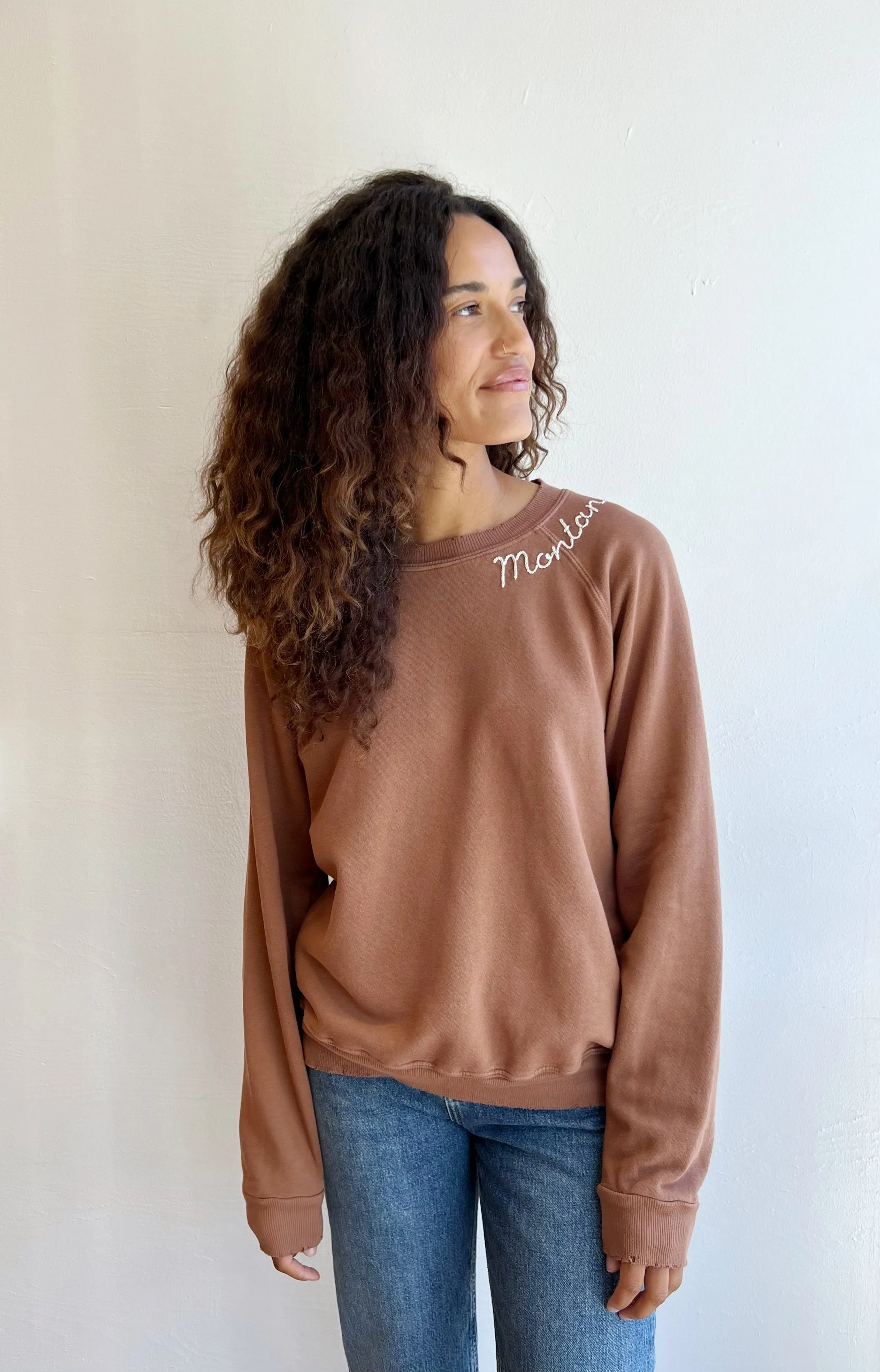 Cinnamon embroidered Montana Sweatshirt- cream thread