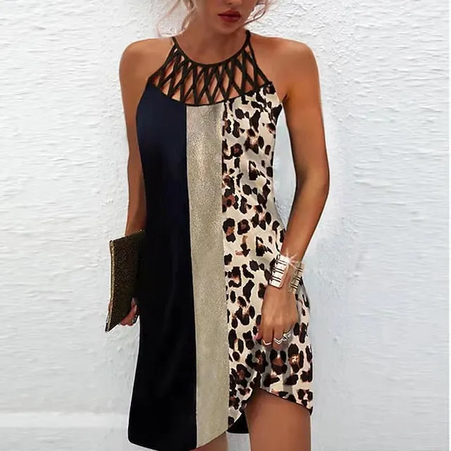CityHottie - Women's Casual Dress Halter Neck Dress Midi Dress Leopard Black Wine Sleeveless Geometric Cut Out Summer Spring Halter Fashion Vacation 2024 S M L XL XXL 3XL