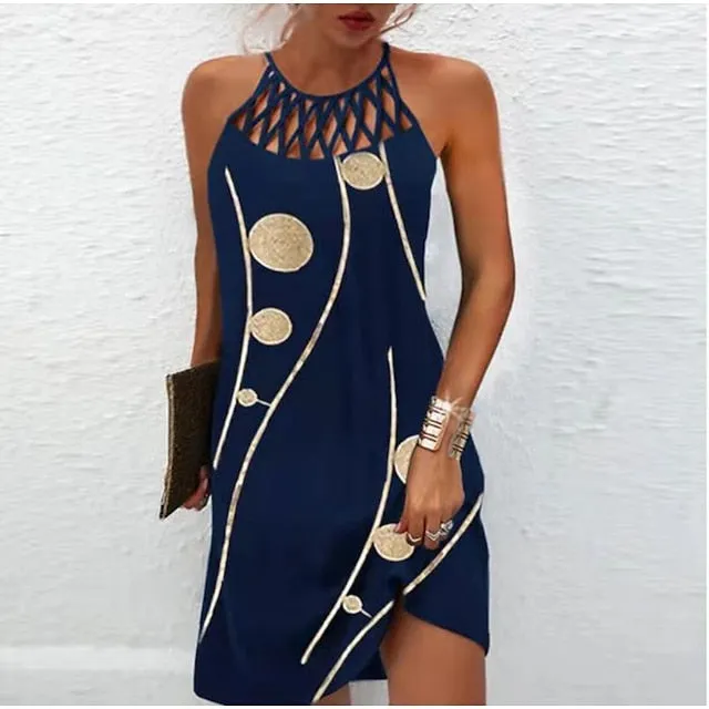 CityHottie - Women's Casual Dress Halter Neck Dress Midi Dress Leopard Black Wine Sleeveless Geometric Cut Out Summer Spring Halter Fashion Vacation 2024 S M L XL XXL 3XL
