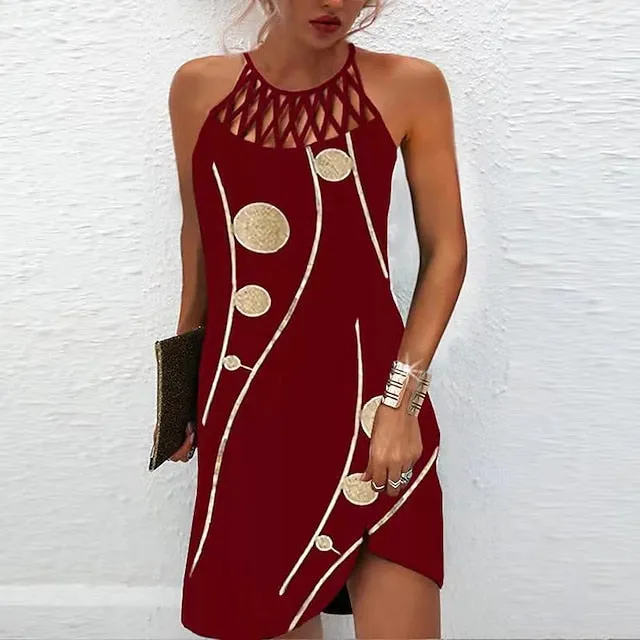 CityHottie - Women's Casual Dress Halter Neck Dress Midi Dress Leopard Black Wine Sleeveless Geometric Cut Out Summer Spring Halter Fashion Vacation 2024 S M L XL XXL 3XL