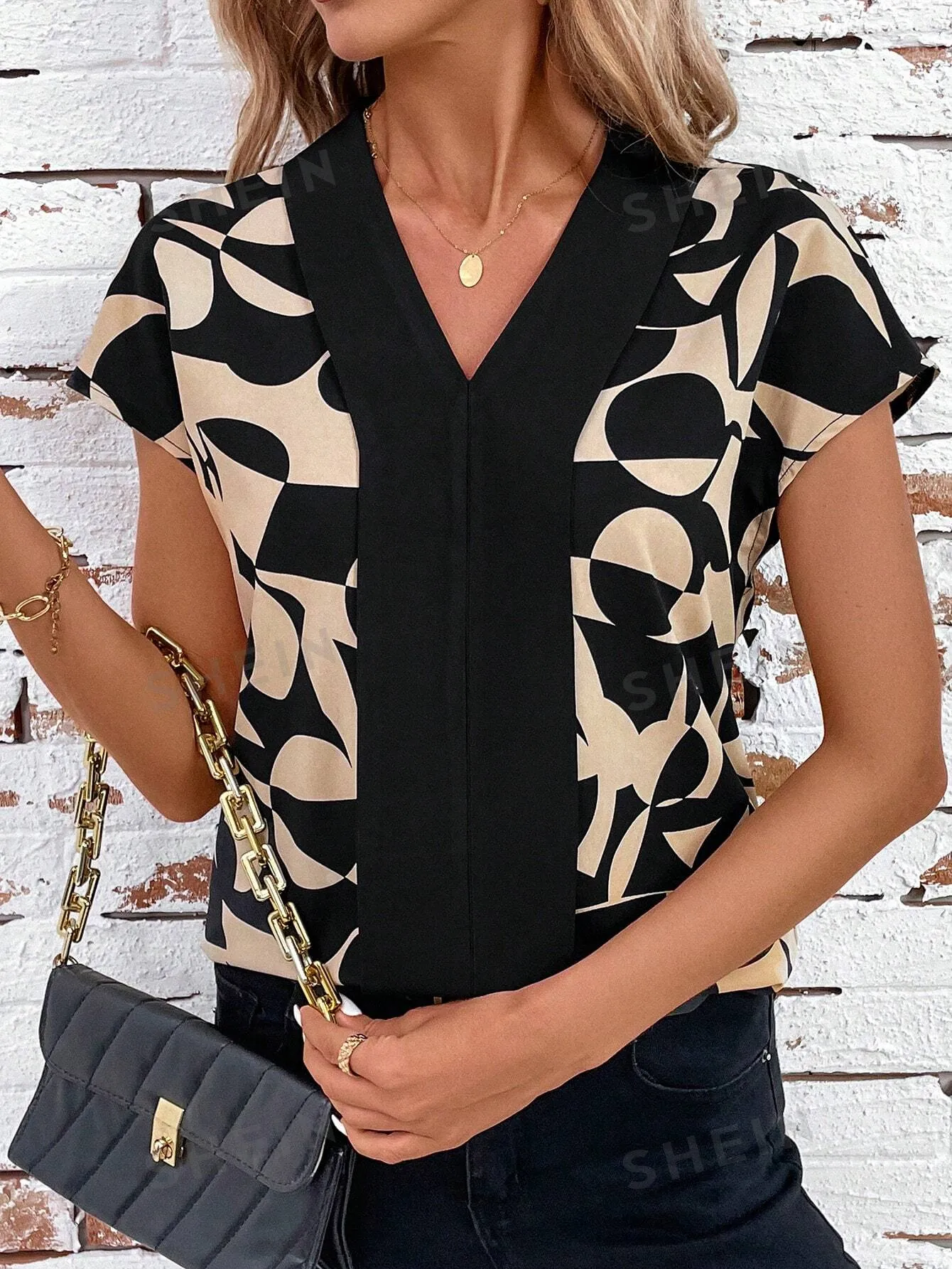 Clasi Women's V-Neck Floral Allover Print Short Sleeve Shirt For Office Lady, Summer