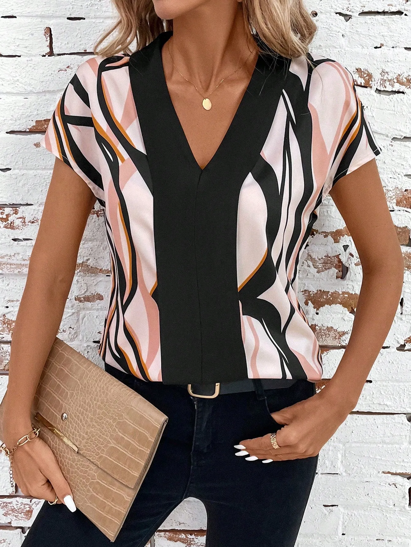 Clasi Women's V-Neck Floral Allover Print Short Sleeve Shirt For Office Lady, Summer