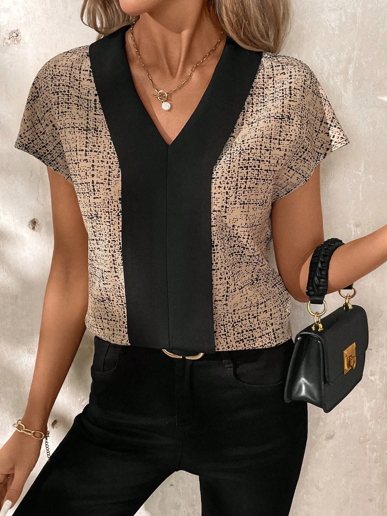 Clasi Women's V-Neck Floral Allover Print Short Sleeve Shirt For Office Lady, Summer