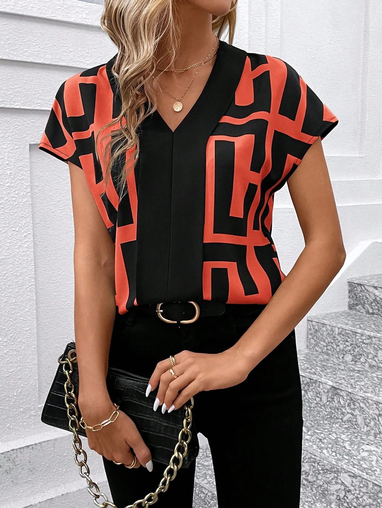 Clasi Women's V-Neck Floral Allover Print Short Sleeve Shirt For Office Lady, Summer