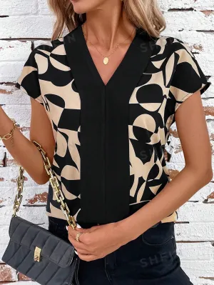 Clasi Women's V-Neck Floral Allover Print Short Sleeve Shirt For Office Lady, Summer