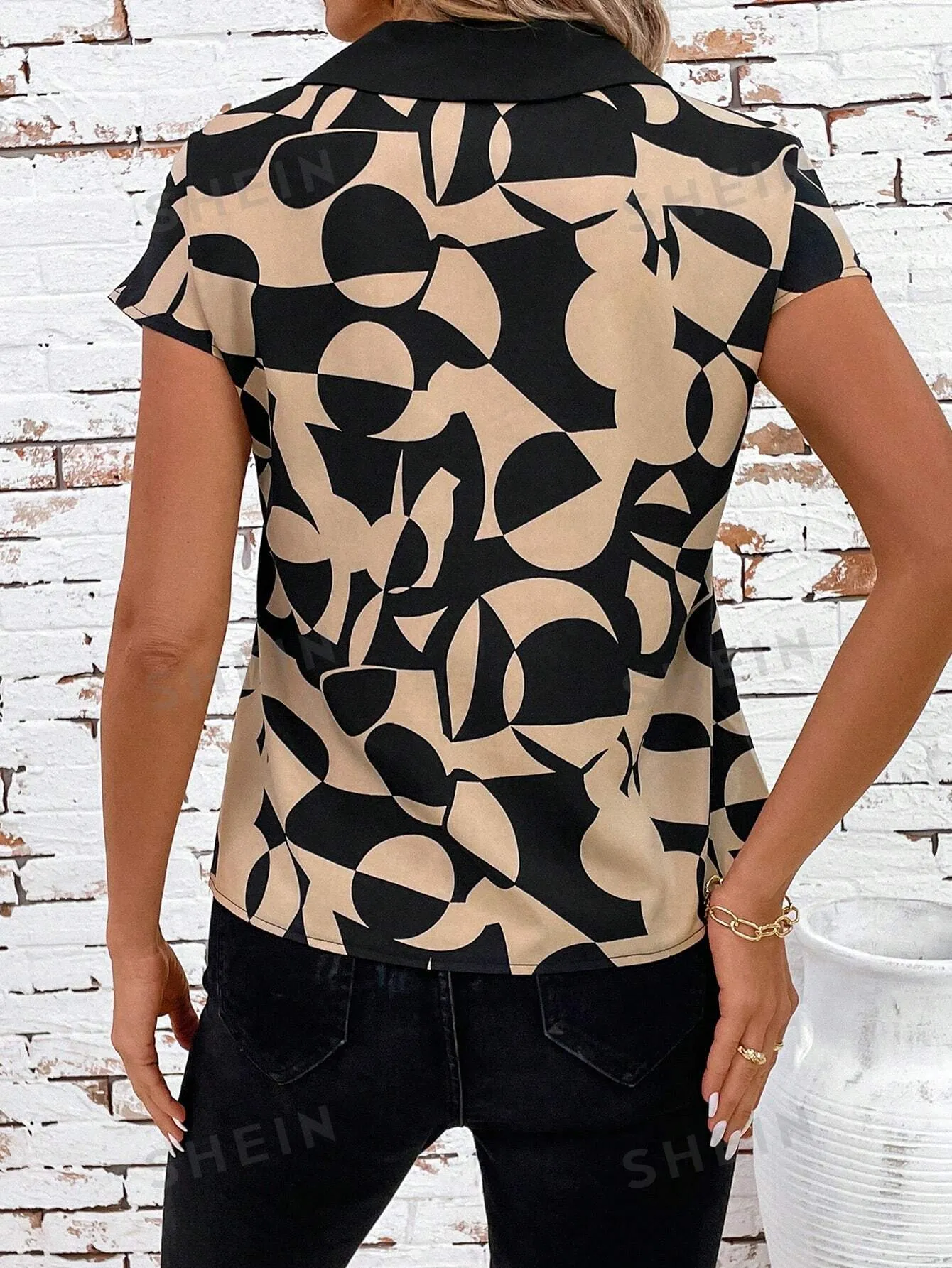 Clasi Women's V-Neck Floral Allover Print Short Sleeve Shirt For Office Lady, Summer