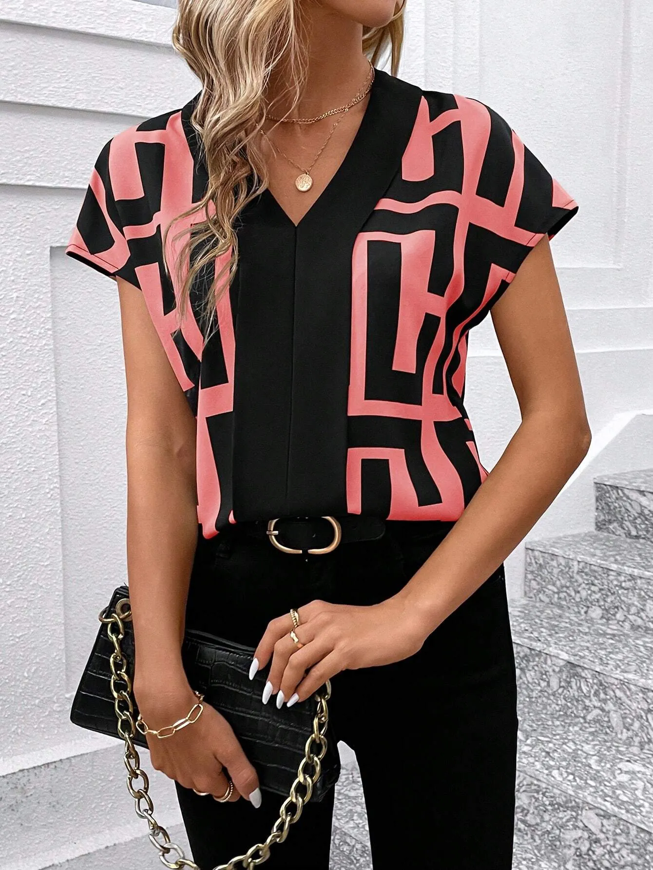 Clasi Women's V-Neck Floral Allover Print Short Sleeve Shirt For Office Lady, Summer